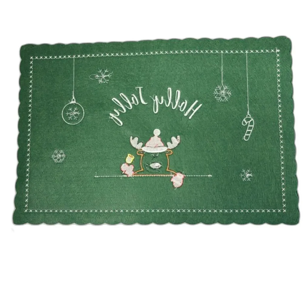 Christmas Holly Jolly Reindeer Placemats Set of 4 Green Felt Embroidered